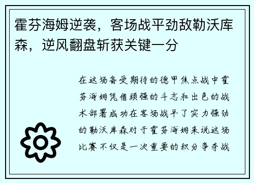 霍芬海姆逆袭，客场战平劲敌勒沃库森，逆风翻盘斩获关键一分