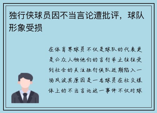 独行侠球员因不当言论遭批评，球队形象受损